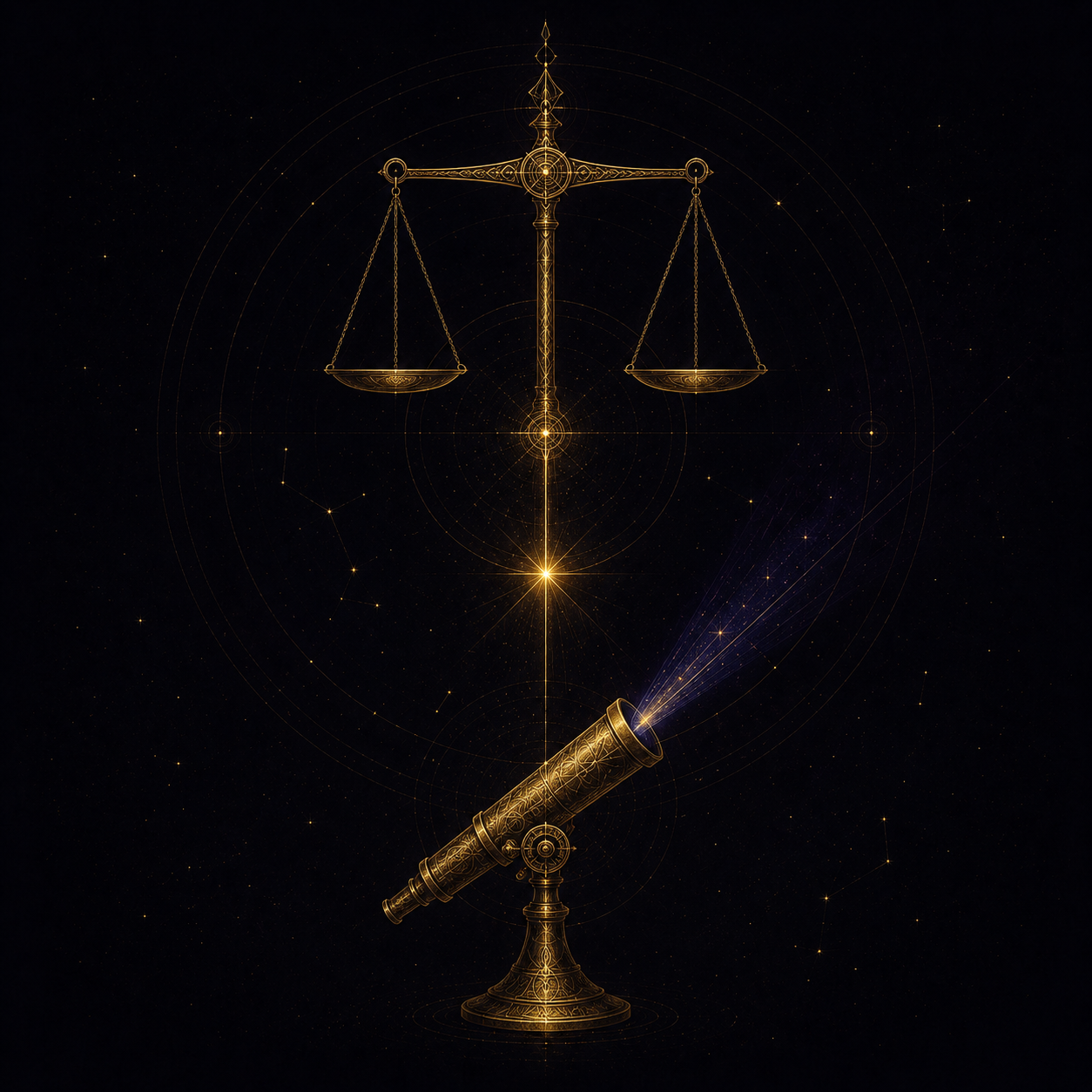 Arsenale L3 — Bilancia e Cannocchiale: bilancia in equilibrio perfetto con telescopio dorato che proietta luce blu