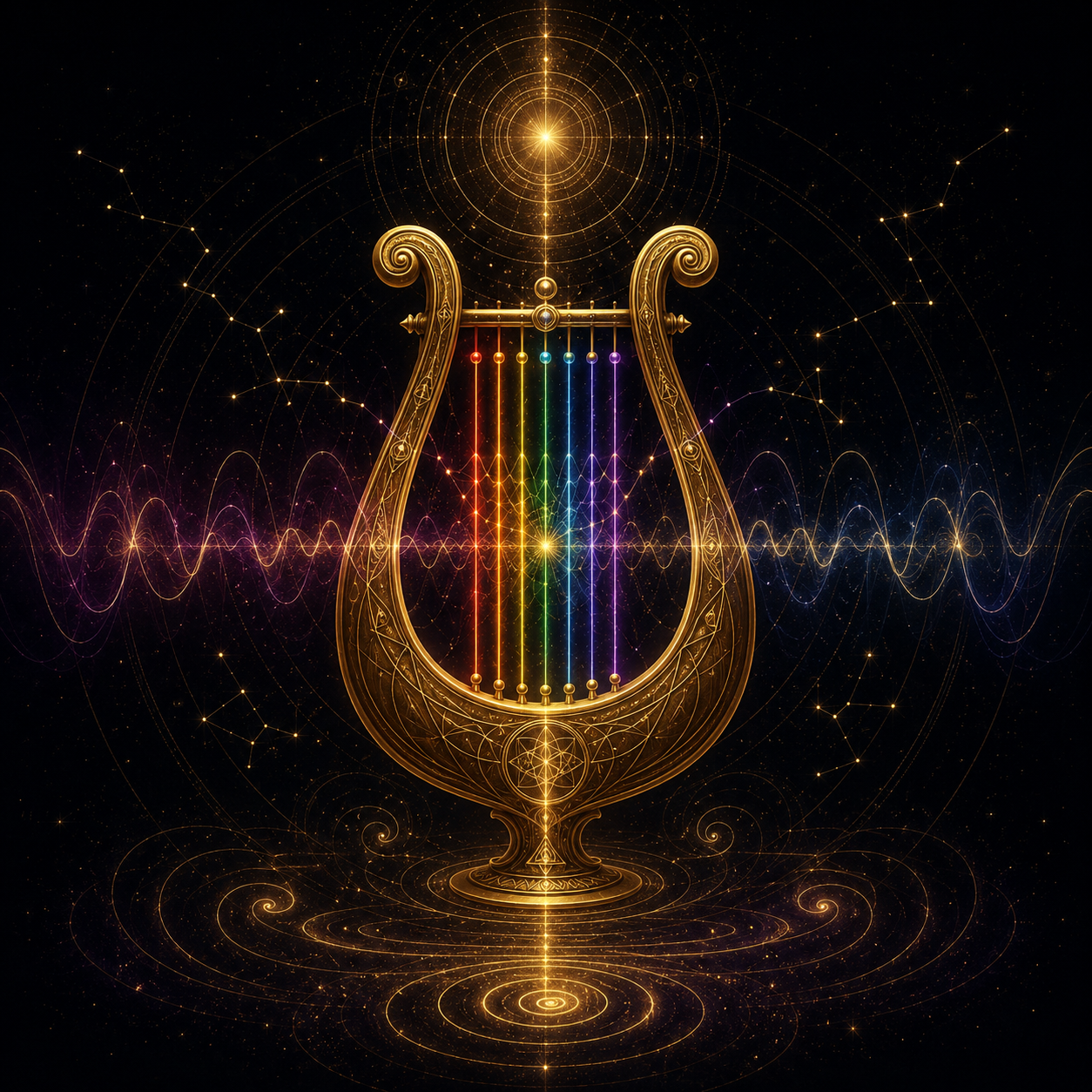 Arsenale L4 — Lira: lira dorata con sette corde cromatiche dei chakra, onde sonore, spirali logaritmiche