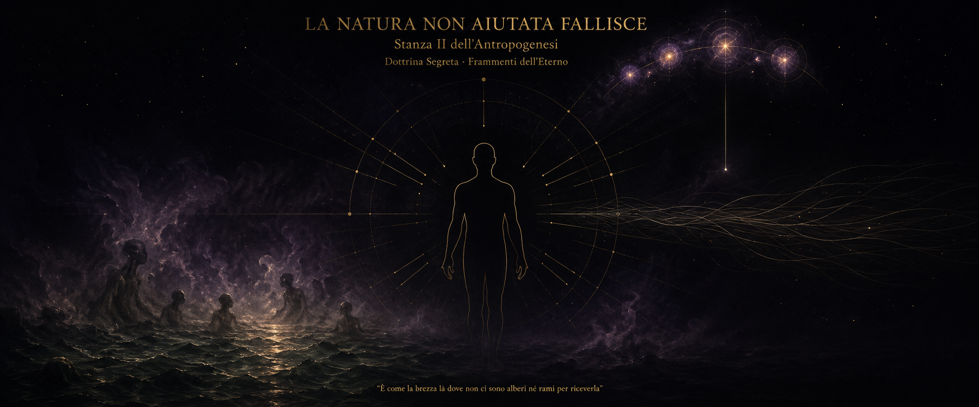 Composizione cosmica su sfondo nero: al centro una sagoma umana dorata vuota circondata da raggi geometrici aurei che non la toccano; a sinistra figure ibride emergono da un oceano primordiale avvolto in nebbia viola; in alto a destra quattro stelle-Dhyani luminose con un raggio verticale sospeso che non raggiunge la forma; a destra linee orizzontali dorate attraversano la composizione senza effetto