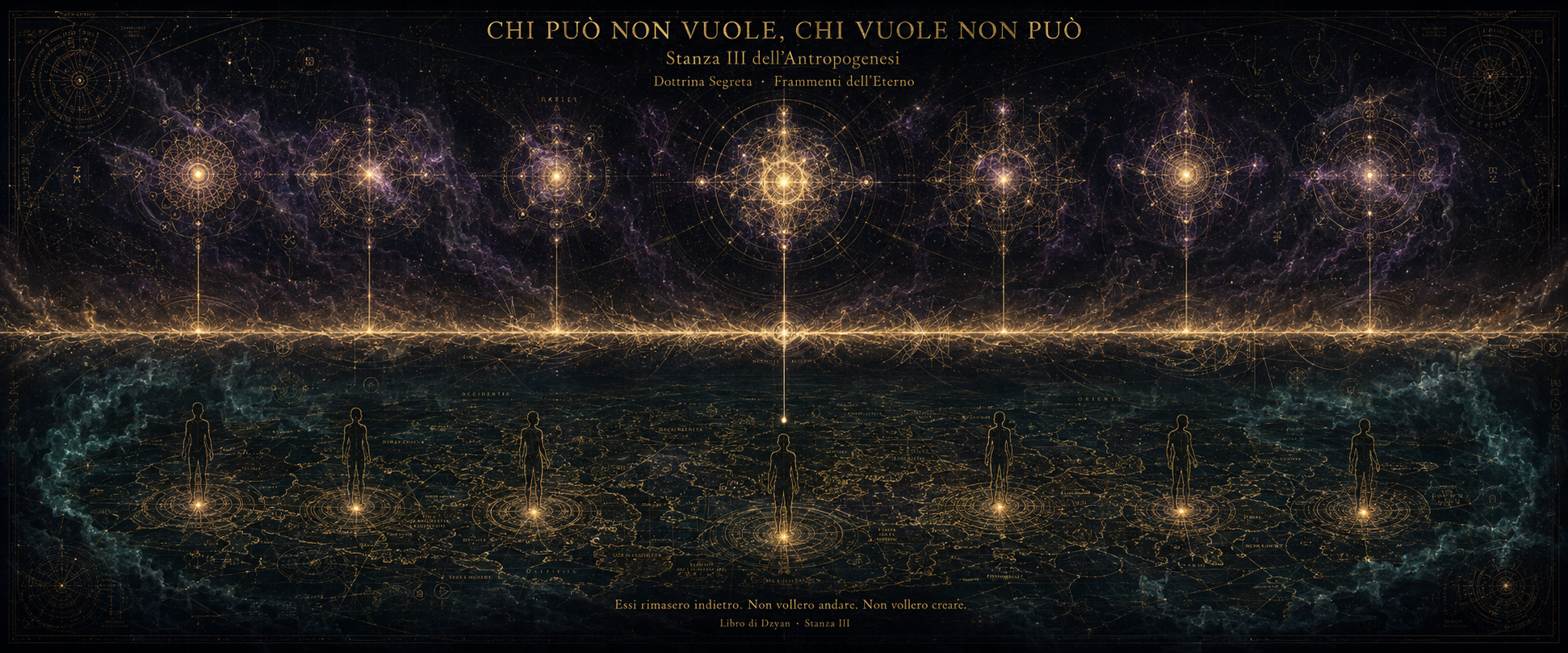 Composizione cosmica su sfondo nero divisa in tre fasce: in alto sette presenze luminose oro-violacee disposte in arco con fili verticali dorati che scendono verso una linea di confine luminosa; al centro la soglia tra i due domini cosmici con un unico filo che quasi raggiunge la forma umana sotto; in basso sette sagome umane dorate vuote all'interno disposte su un planisfero medievale con etichette geografiche latine