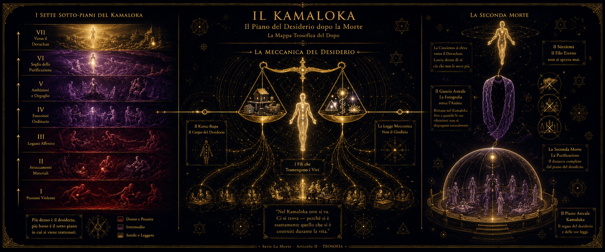 Il Kamaloka — mappa teosofica dei sette sotto-piani con gradiente dal rosso denso al viola luminoso, bilancia cosmica e guscio astrale
