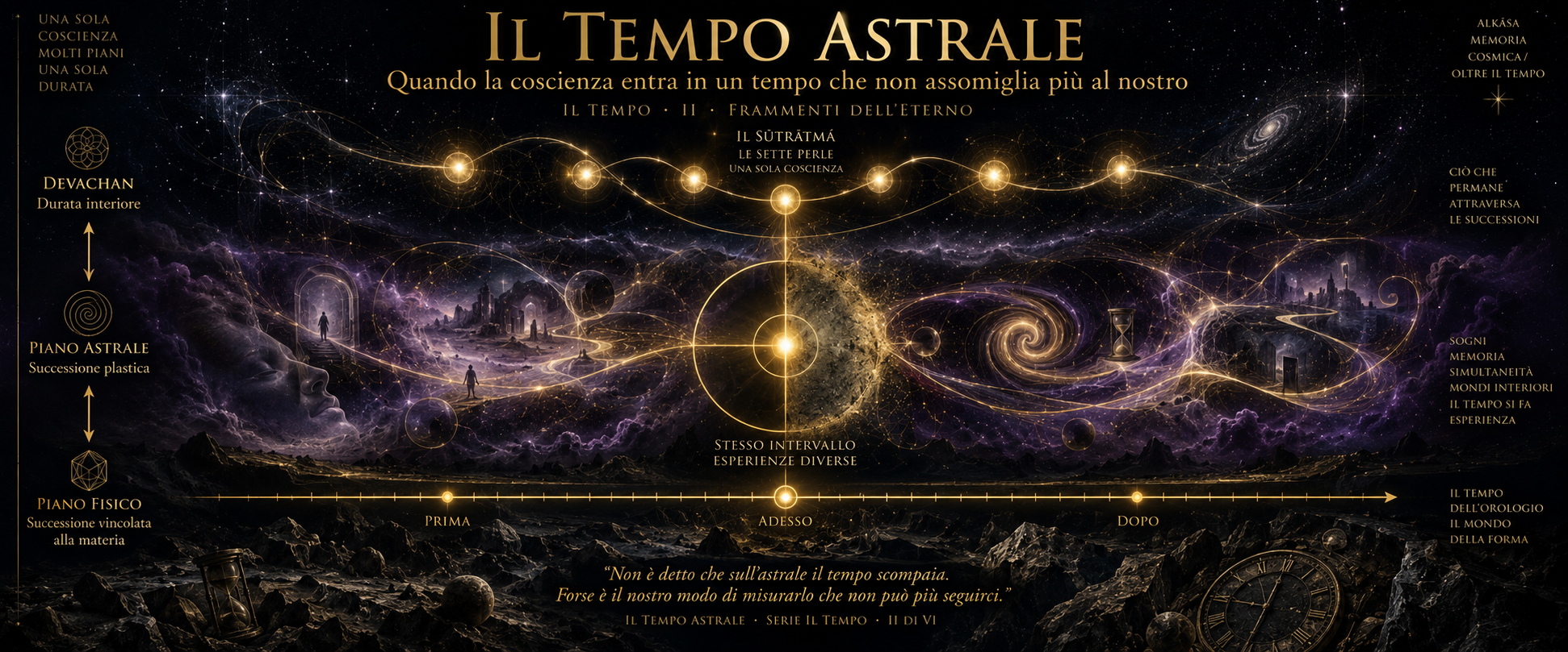 Composizione cosmica a tre livelli verticali: piano fisico in basso con linea del tempo e punti Prima Adesso Dopo su terreno roccioso; piano astrale al centro con spirali dorate e figura umana sulla soglia; Sūtrātmā in alto come filo dorato che attraversa sette perle luminose