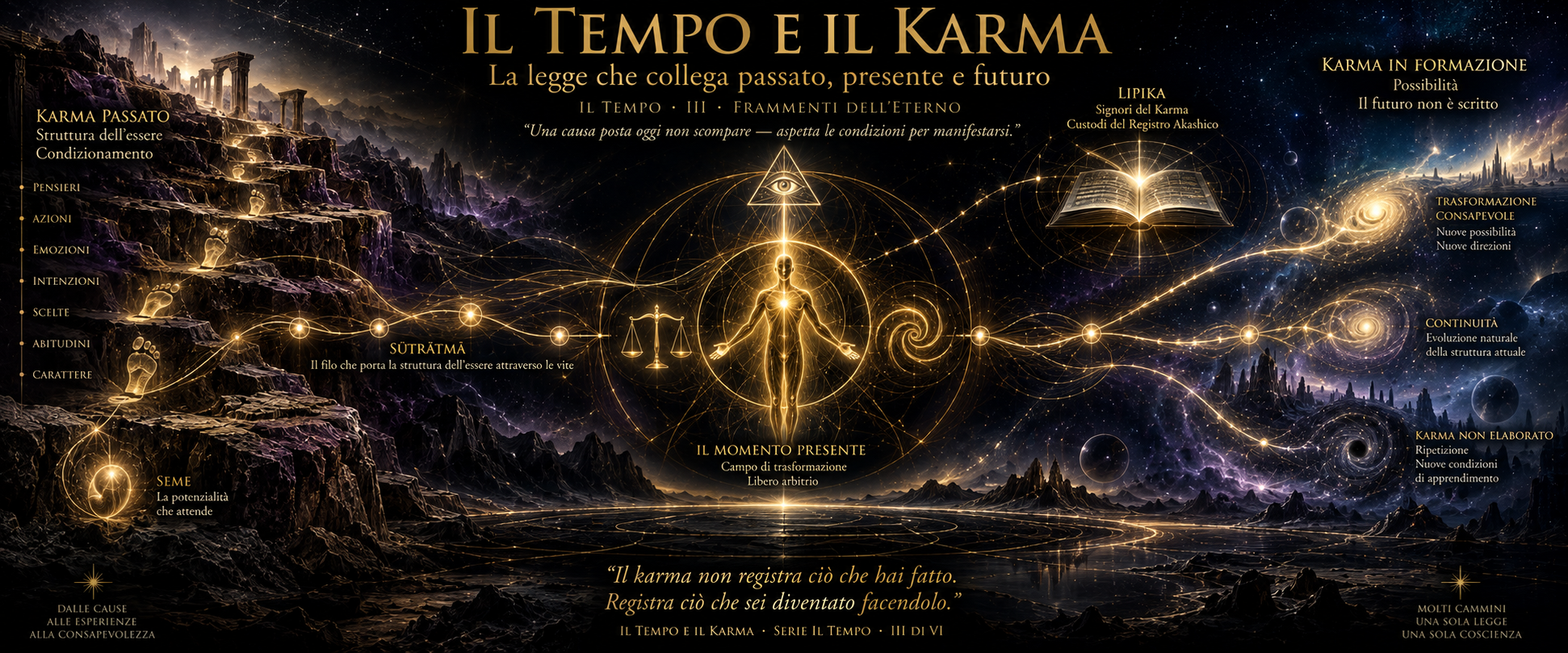 Composizione cosmica orizzontale: strati rocciosi con impronte dorate del karma passato, figura umana luminosa al centro con simbolo Lipika e Sūtrātmā, tre sentieri cosmici verso il futuro