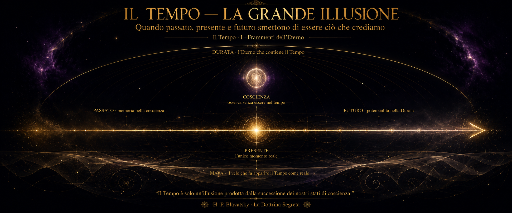 Schema cosmico su sfondo nero: una freccia dorata orizzontale attraversa tutta l'immagine con il Presente al centro luminosissimo e la Coscienza come sfera sopra di esso; un'ellisse dorata abbraccia tutto con l'etichetta Durata; in basso il velo di Maya come onde e spirali; etichette Passato, Presente, Futuro, Coscienza, Durata, Maya; citazione di HPB in basso