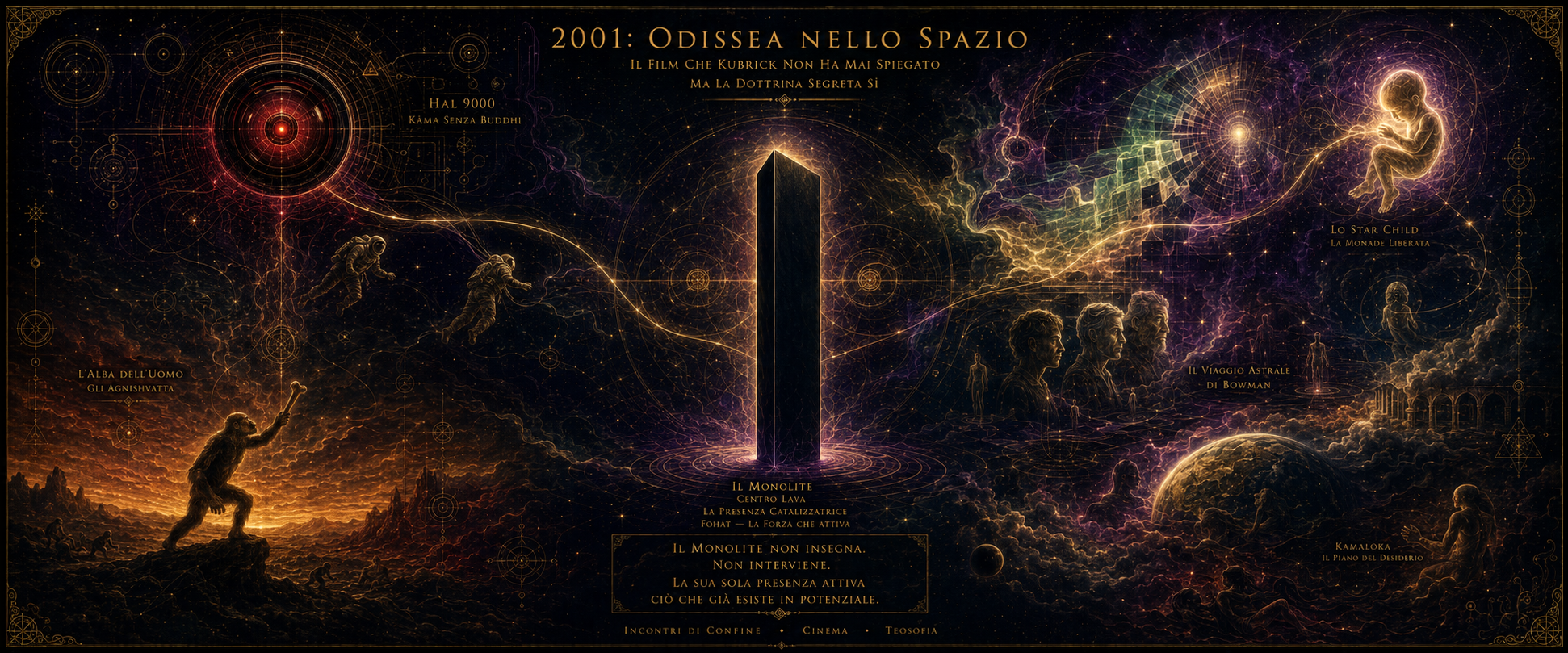 2001 Odissea nello Spazio — Il Monolite nero al centro come Centro Laya, la scimmia nell'alba primordiale, l'occhio rosso di HAL 9000, lo Star Child luminoso e il viaggio astrale di Bowman