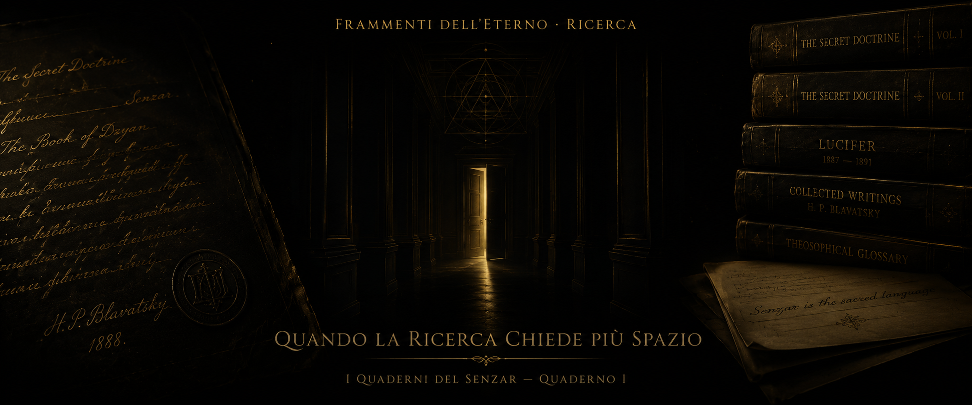 Corridoio archivistico con porta dorata, manoscritto HPB 1887, libri teosofici — I Quaderni del Senzar