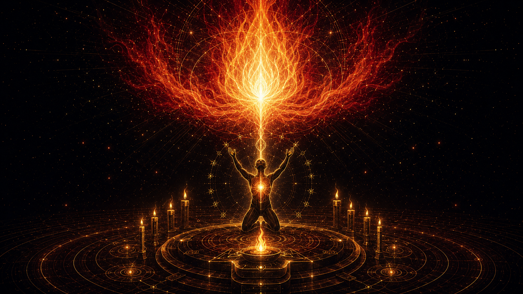 Raggio 6 — Il Templare: fiamma cosmica stratificata bianco-oro-arancio-rosso, figura in ginocchio con braccia alzate, filo di luce dal petto, altare e candele in cerchio