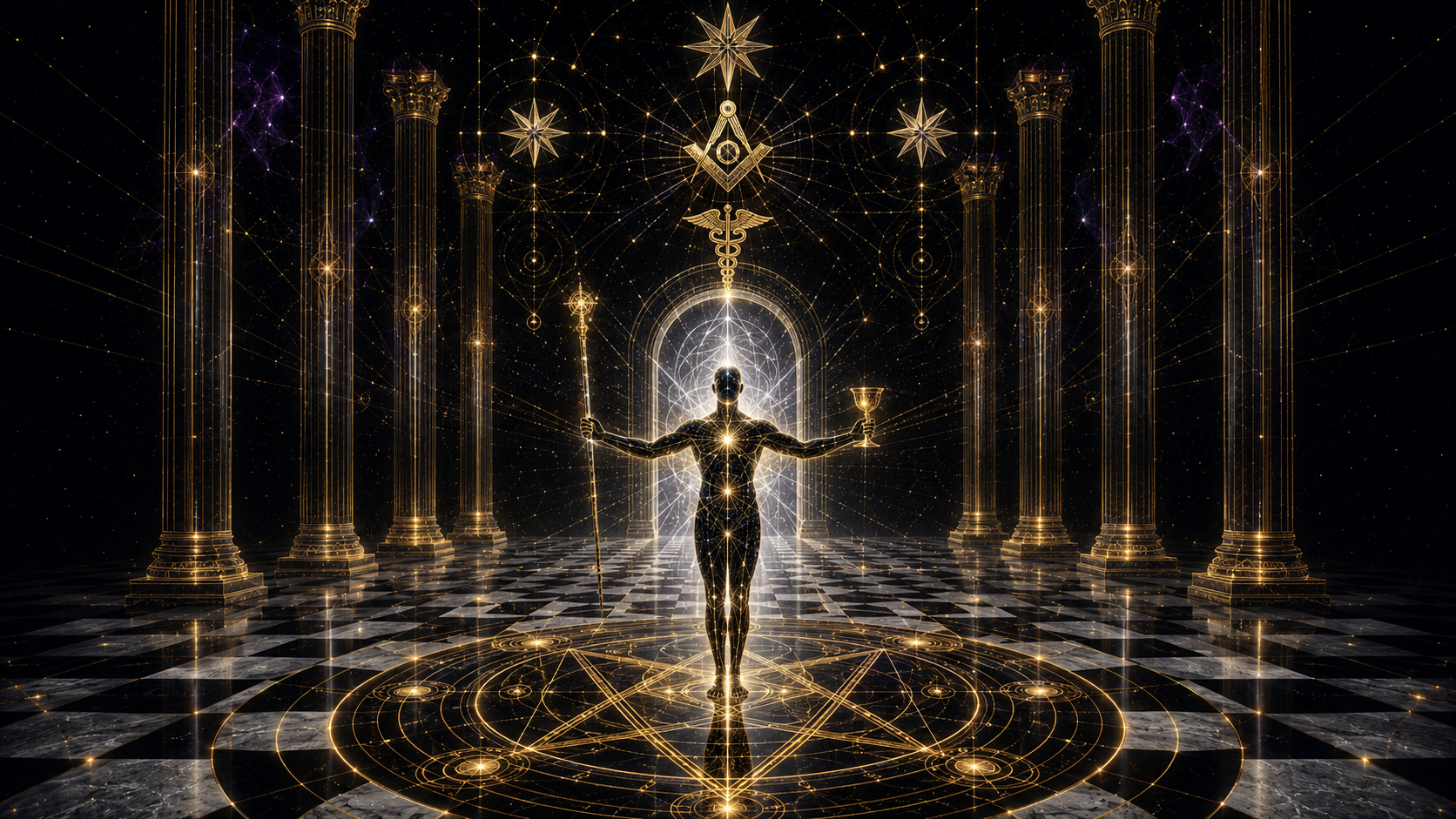 Raggio 7 — Il Mago Cerimoniale: tempio cosmico con colonne simmetriche, portale di luce bianca, compasso e squadra massonici, figura con bastone e coppa, pentacolo sul pavimento a scacchi