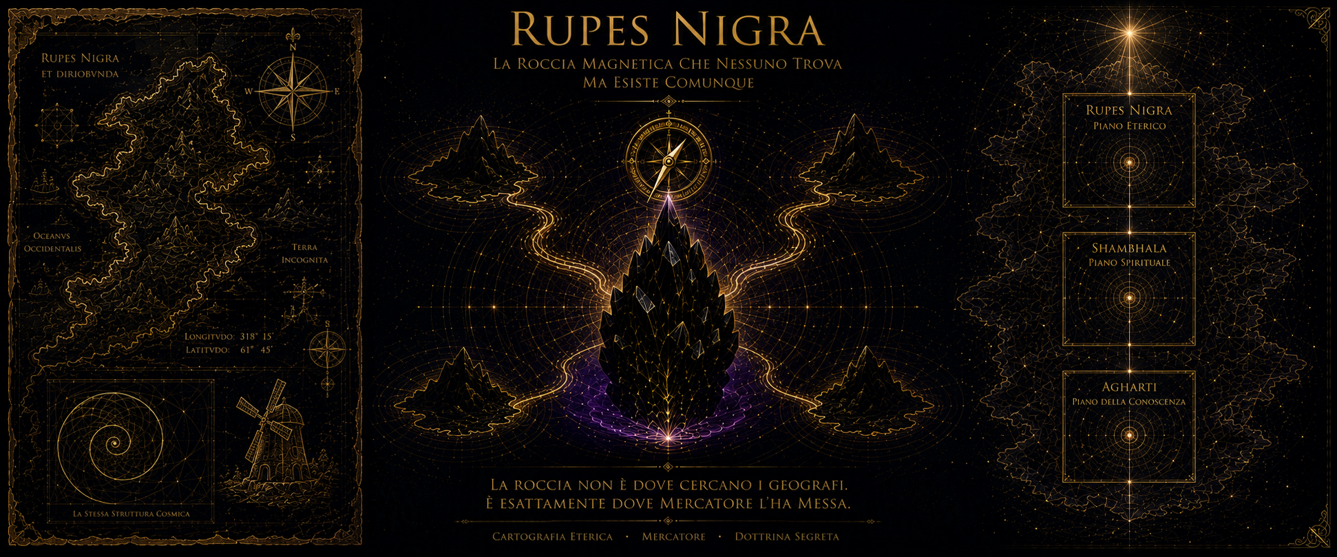 Rupes Nigra — La roccia magnetica nera al Polo Nord con spirali magnetiche dorate, quattro isole e quattro fiumi